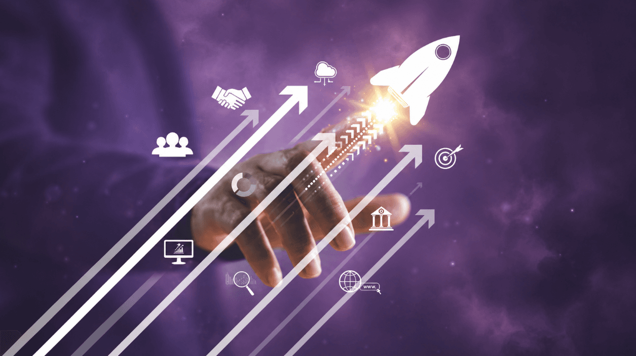 An illustration of a rocket launching upward, representing business growth